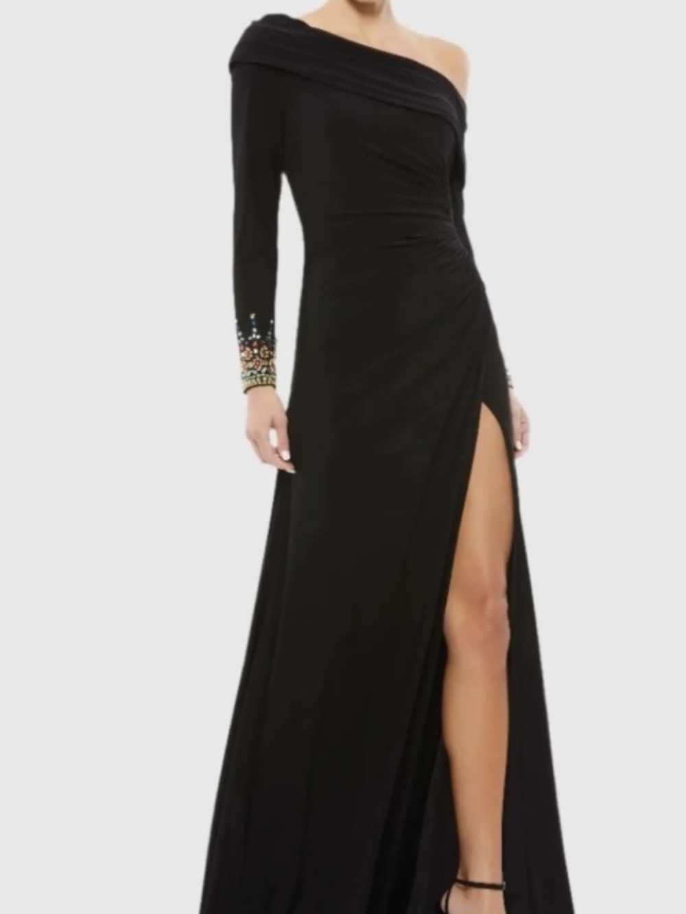 Mac Duggal Black Multicolor Beaded Cuff Drop Shoulder Faux Wrap Gown